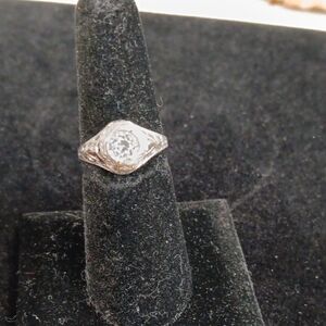Vintage Art Deco Antique Silver-Tone White CZ Halo Ring - Women's Jewelry